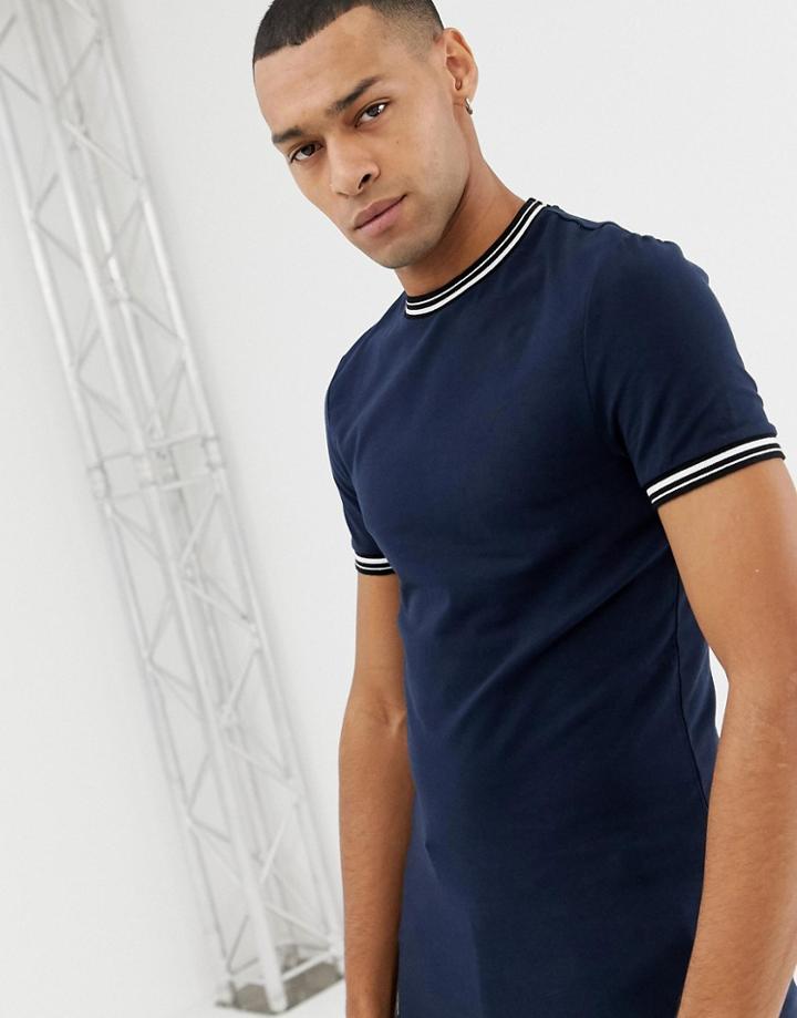 Asos Design Muscle Fit T-shirt With Tipping In Navy - Navy