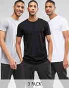 Asos 3 Pack Longline T-shirt With Crew Neck Save 15% In White/black/gray Marl