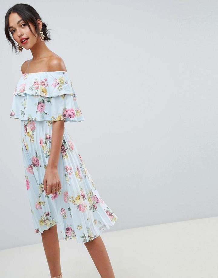 Asos Design Double Ruffle Bardot Pleated Midi Dress - Multi