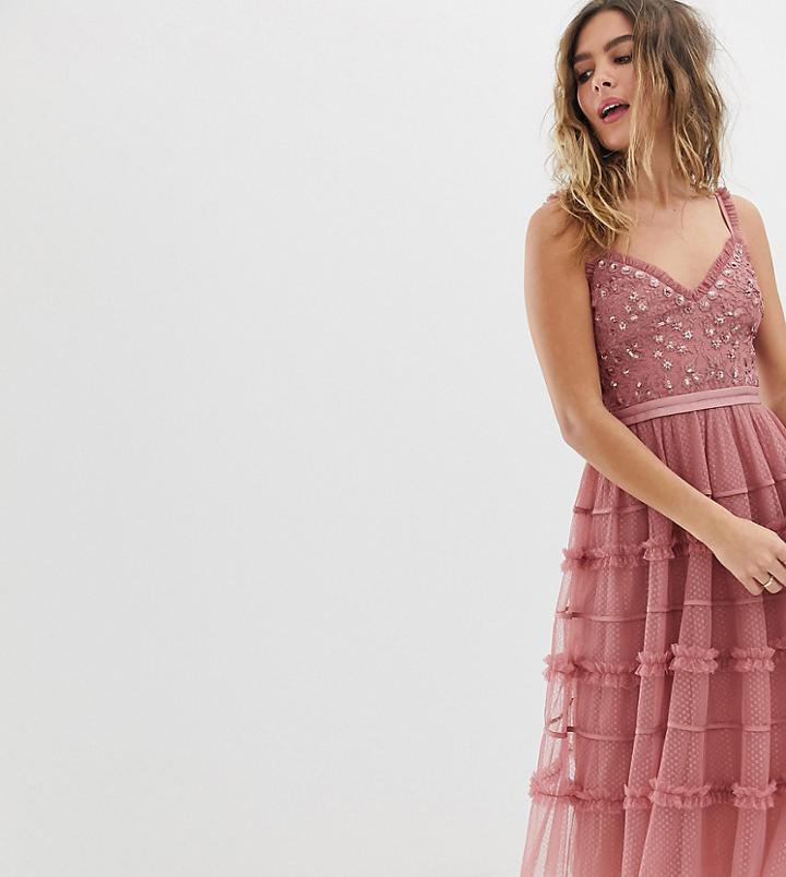 Needle & Thread Cami Strap Embroidered Midi Dress In Rouge - Pink