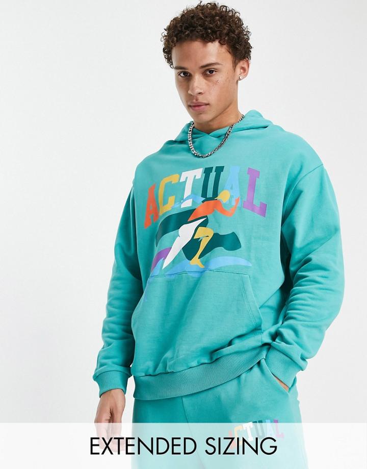 Asos Actual Oversized Hoodie With Multi Colored Graphic In Teal - Part Of A Set-green