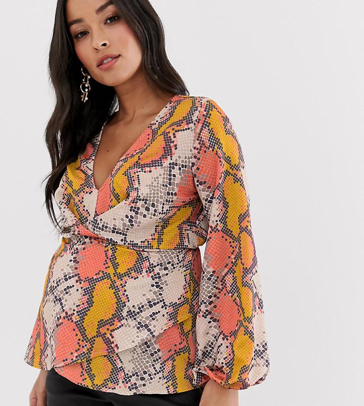 Flounce London Maternity Wrap Top In Multi Snake - Multi