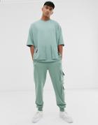 Asos Design Two-piece Oversized T-shirt With Half Sleeve In Heavyweight Jersey With Utility Pockets-green