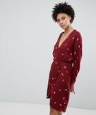 Selected Femme Printed Mini Wrap Dress In Burgundy-multi