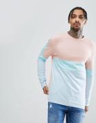 Asos Design Relaxed Longline Long Sleeve T-shirt In Pastel Color Block - Pink