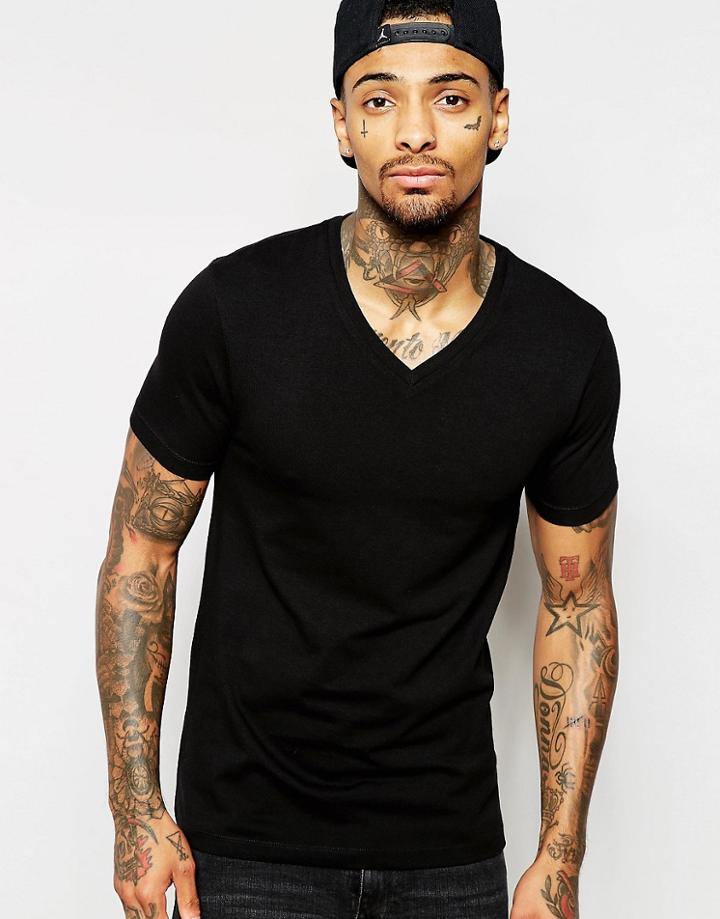 Asos Design Muscle Fit T-shirt With V Neck And Stretch - Black