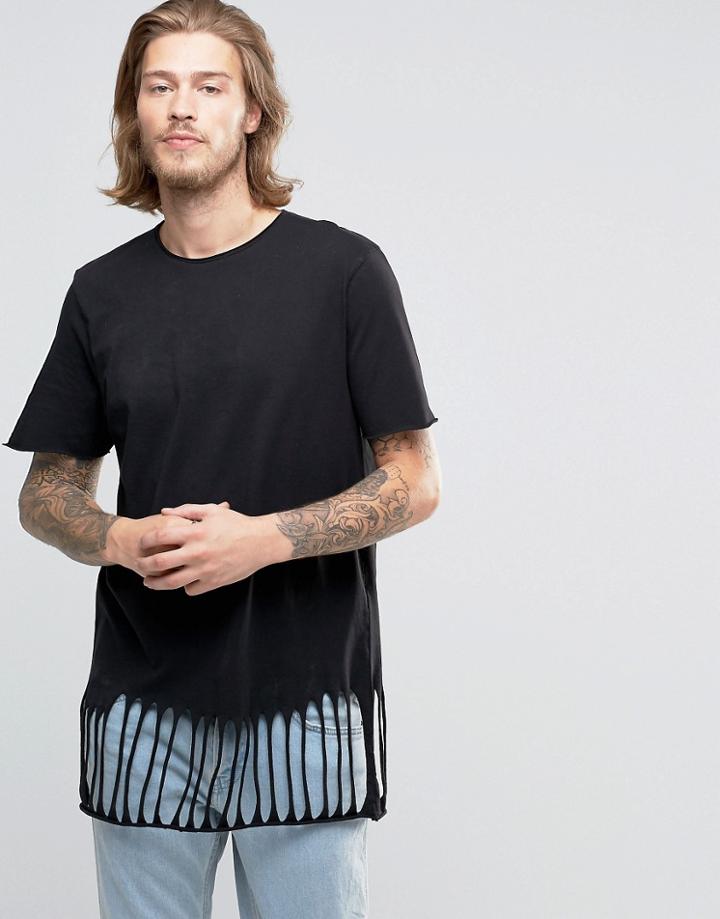 Asos Super Longline T-shirt With Distressed Hem In Black - Black