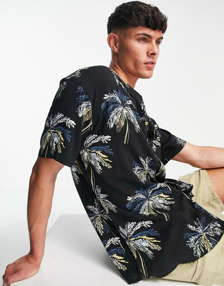 Jack & Jones Originals Revere Collar Shirt In Black Palm Tree Print
