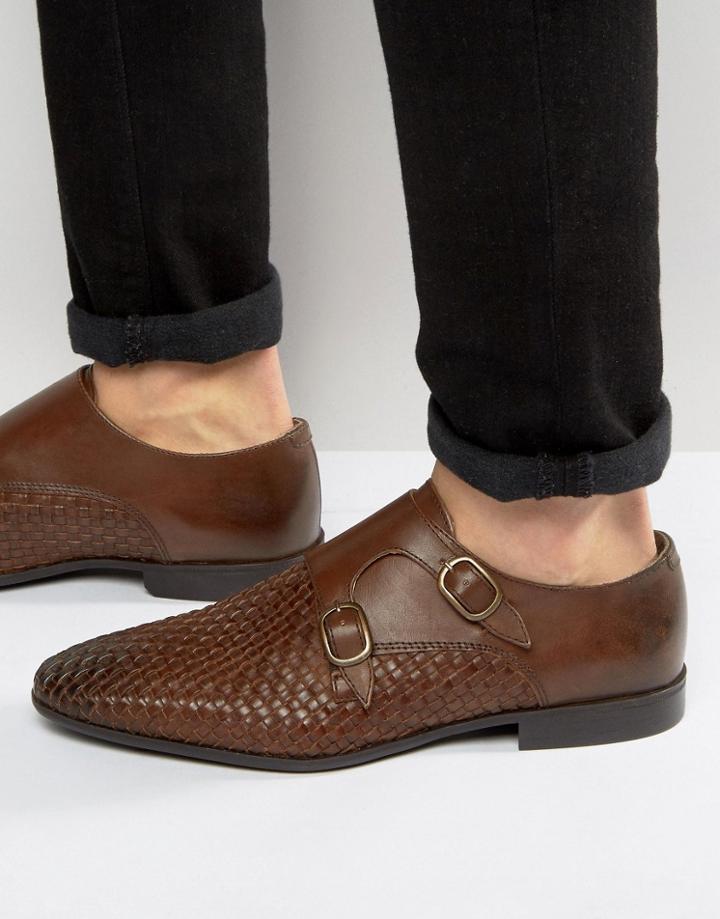Asos Monk Shoes In Brown Leather With Woven Detail - Brown