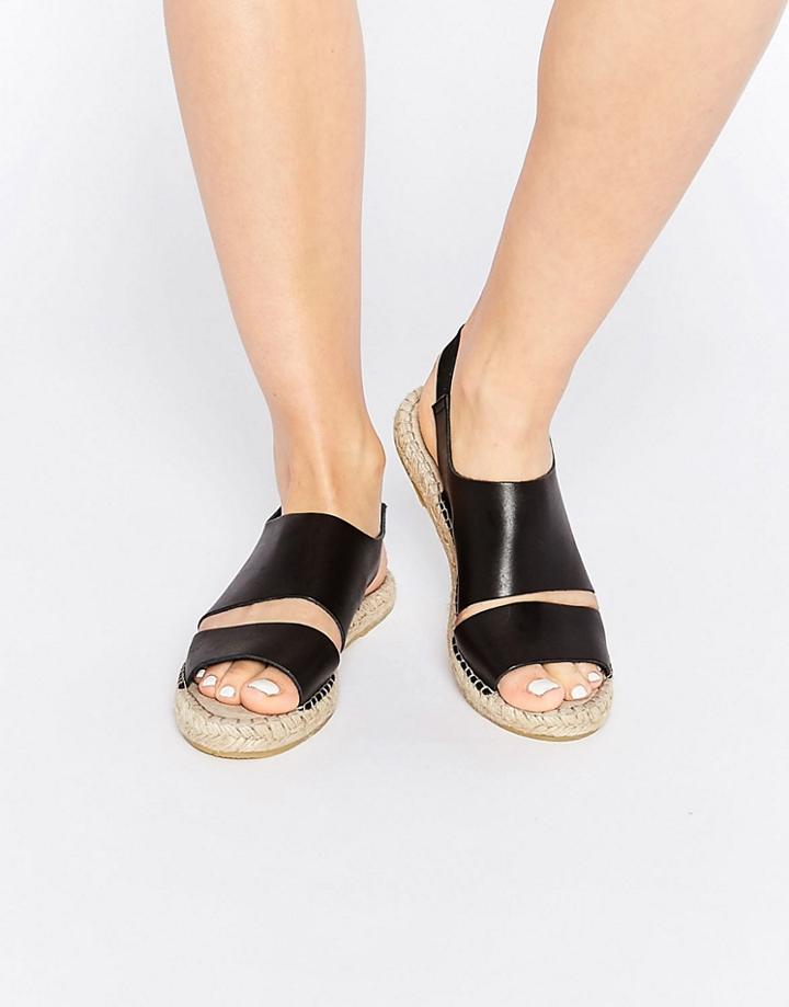 Pieces Jade Black Leather Espadrille Flat Sandals - Black