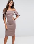 Asos Petal Sleeve Bardot Midi Bodycon Dress - Beige