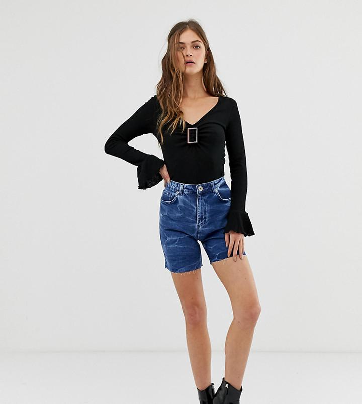 See You Never Acid Wash Long Line Raw Hem Shorts