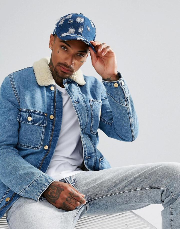 Asos Baseball Cap In Blue Distressed Denim - Blue