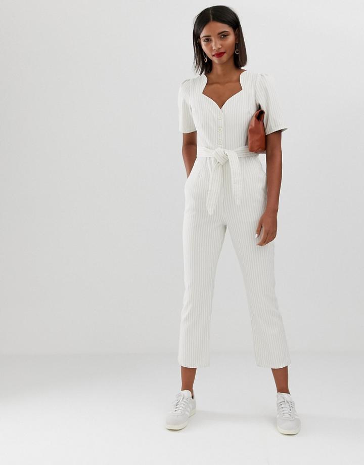 Asos Design Denim Sweetheart Neck Puff Sleeve Jumpsuit In Stripe - Multi