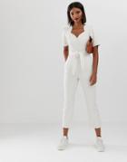 Asos Design Denim Sweetheart Neck Puff Sleeve Jumpsuit In Stripe - Multi