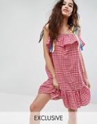 Reclaimed Vintage Inspired Gingham Dress With Ribbon Tie Cold Shoulders - Red