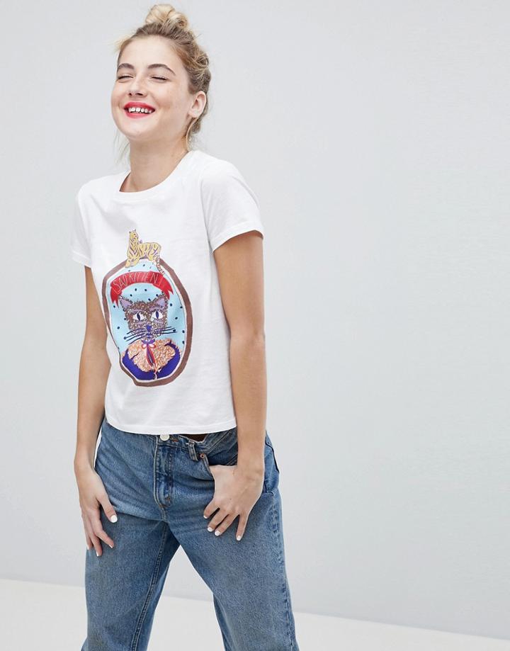 Monki Sad Cat Print Tee - White