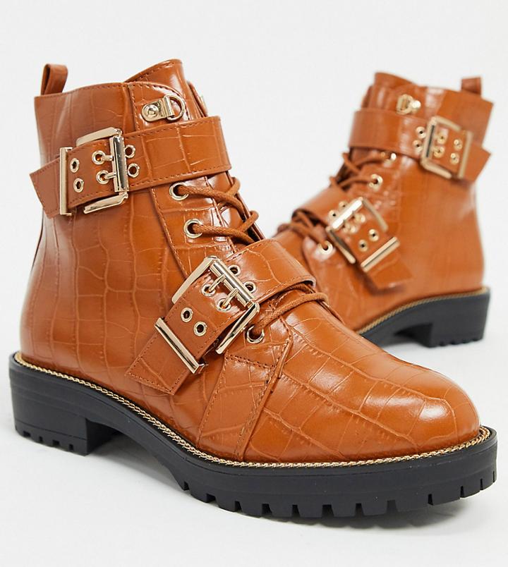 Asos Design Wide Fit Aubrey Lace Up Hiker Boots In Tan Croc-brown