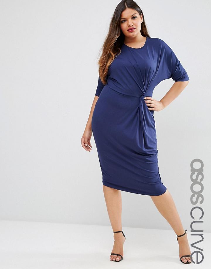 Asos Curve Midi T-shirt Dress With Twist Knot Front - Navy