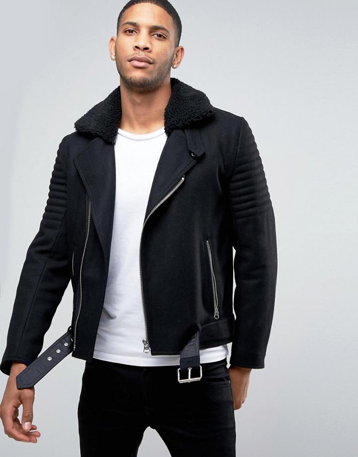 Asos Belted Wool Mix Biker Jacket With Fleece Collar - Black