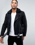 Asos Belted Wool Mix Biker Jacket With Fleece Collar - Black