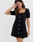 Asos Design Slubby Mini Tea Dress With Faux Shell Buttons-black