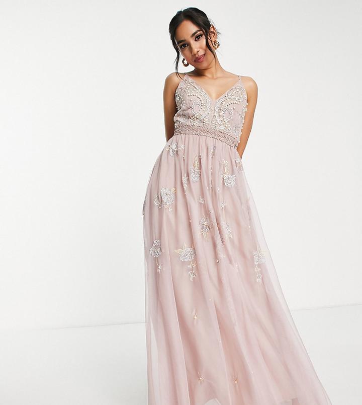 Asos Design Petite Bridesmaid Pearl Embellished Cami Maxi Dress With Floral Embroidery In Rose-pink