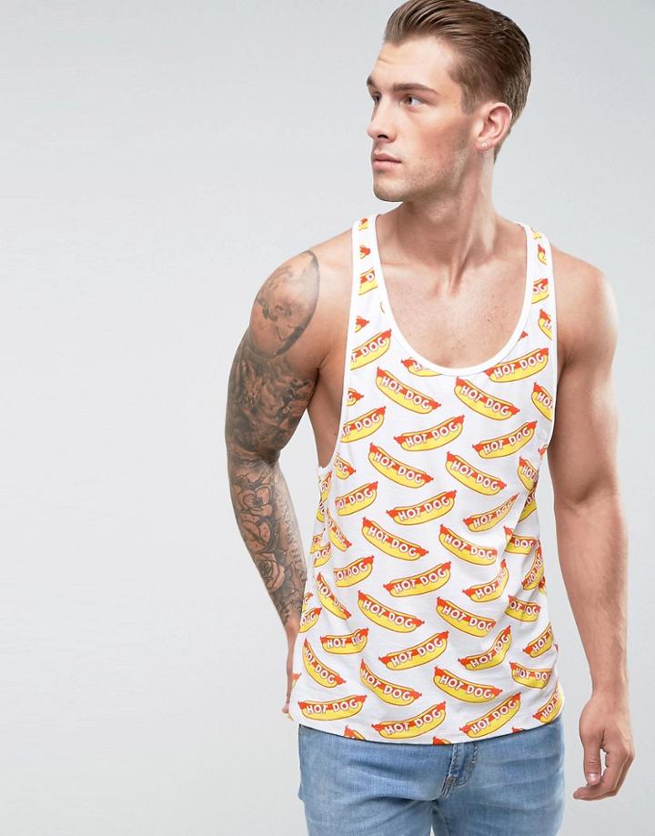 Asos Extreme Racer Back Tank With Dropped Armhole & Hotdog Print - White