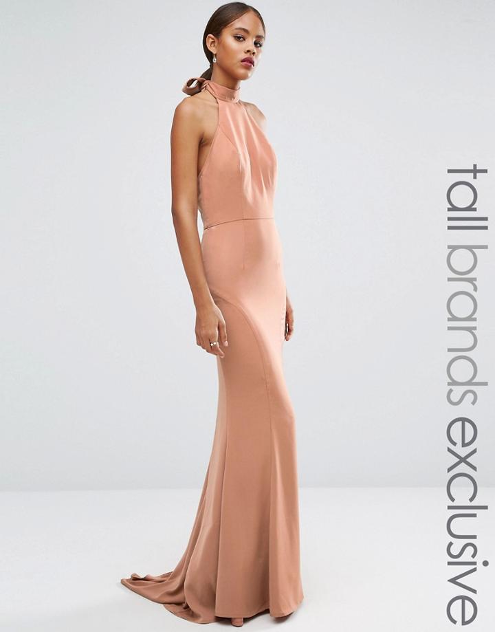 Jarlo Tall Tie Halterneck Fishtail Maxi Dress - Beige