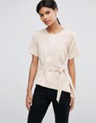 Asos Satin Matte & Shine Asymmetric Tee With Tie Waist - Beige