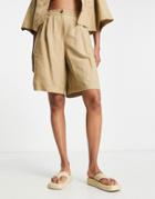 Topshop Pleated Longline Balloon Shorts In Brown - Part Of A Set-green