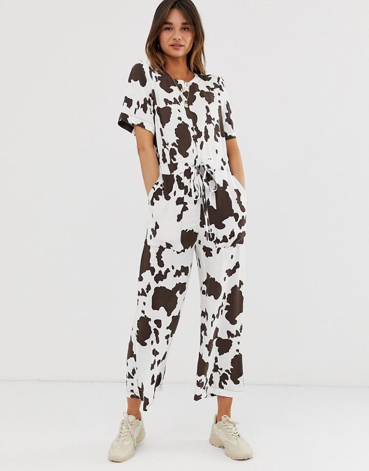Asos Design Contrast Stitch T-shirt Jumpsuit In Cow Animal Print-multi