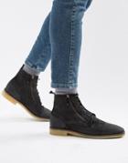 Asos Design Lace Up Boots In Black Suede With Zip Detail And Natural Sole - Black