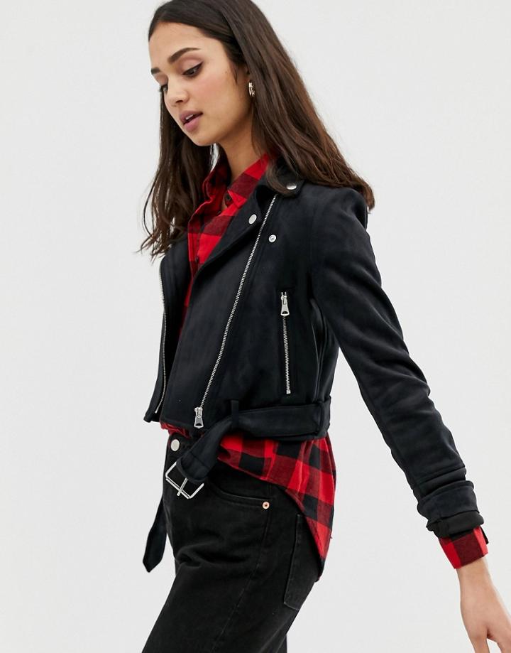 Pull & Bear Faux Suede Biker Jacket In Black - Black