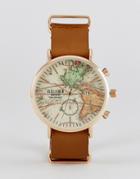 Reclaimed Vintage Inspired Map Leather Watch In Brown - Brown