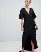 Moves By Minimum Flutter Sleeve Maxi Wrap Dress-black