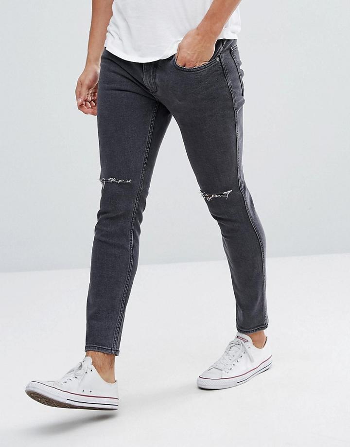 Mango Man Skinny Jeans With Rips In Washed Black - Black