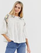 Angel Eye Smock Top With Embroidered Detail - Cream