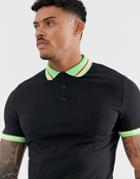 Asos Design Skinny Polo Shirt With Stretch And Contrast Tipping In Black - Black