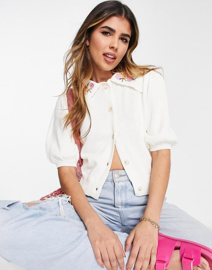Urban Bliss Crop Cardigan With Embroidered Collar In White