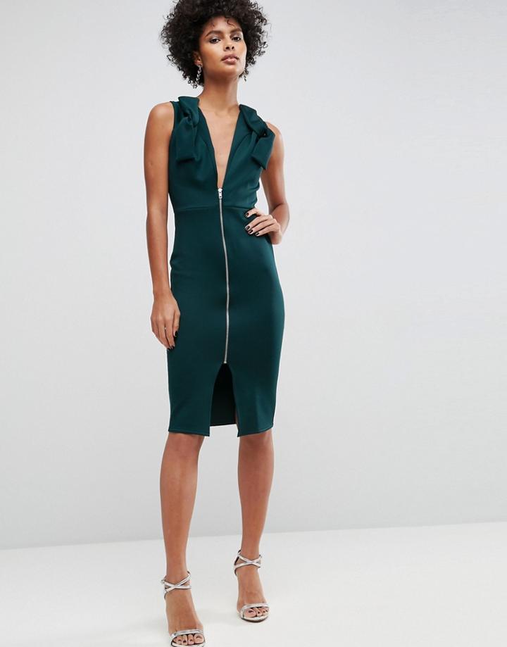 Asos Deep Plunge Bow Front Midi Bodycon Dress - Green