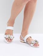 Dune Two Part Flat Leather Sandal In White With Flower Embellishment - White