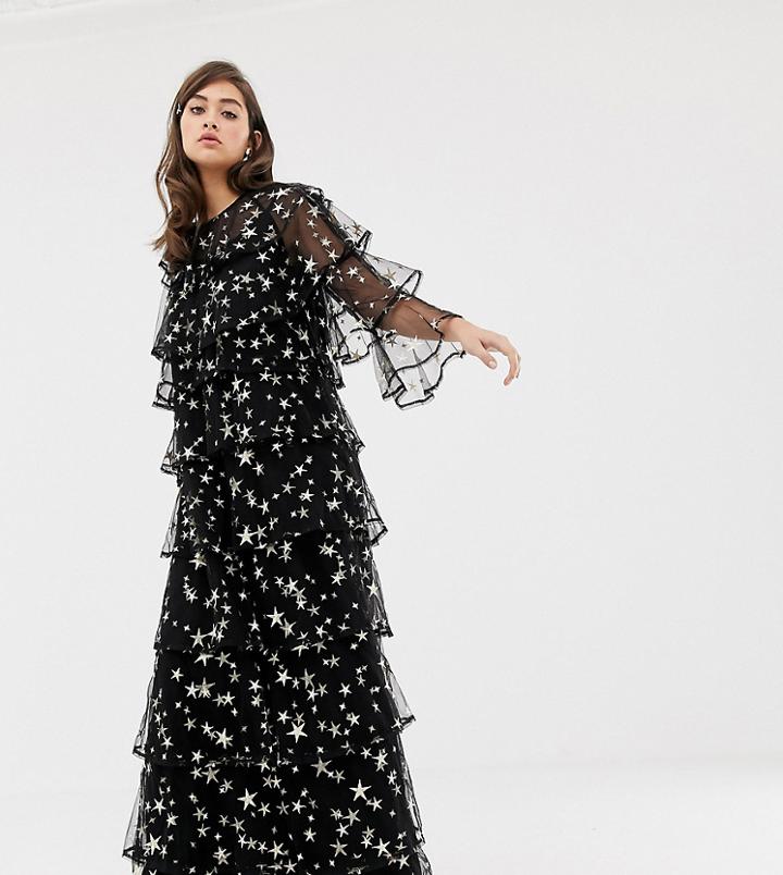 Sister Jane Tiered Midaxi Dress In Star Embroidered Mesh - Black