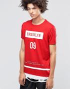 Asos Super Longline T-shirt With Brooklyn Print And Distressed Hem Extender - Red