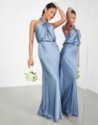 Asos Edition Satin Ruched Halter Neck Maxi Dress In Dusky Blue