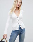 Asos Design Cardigan In Fine Knit Rib With Buttons-cream