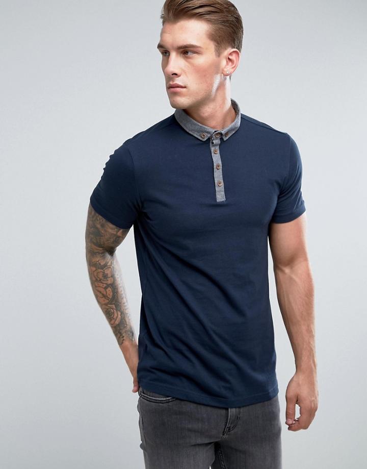Brave Soul Contrast Chambrey Collar Polo - Navy