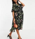 Asos Design Maternity Printed Flutter Sleeve Midi Dress With Pleated Waist And Button Detail-multi