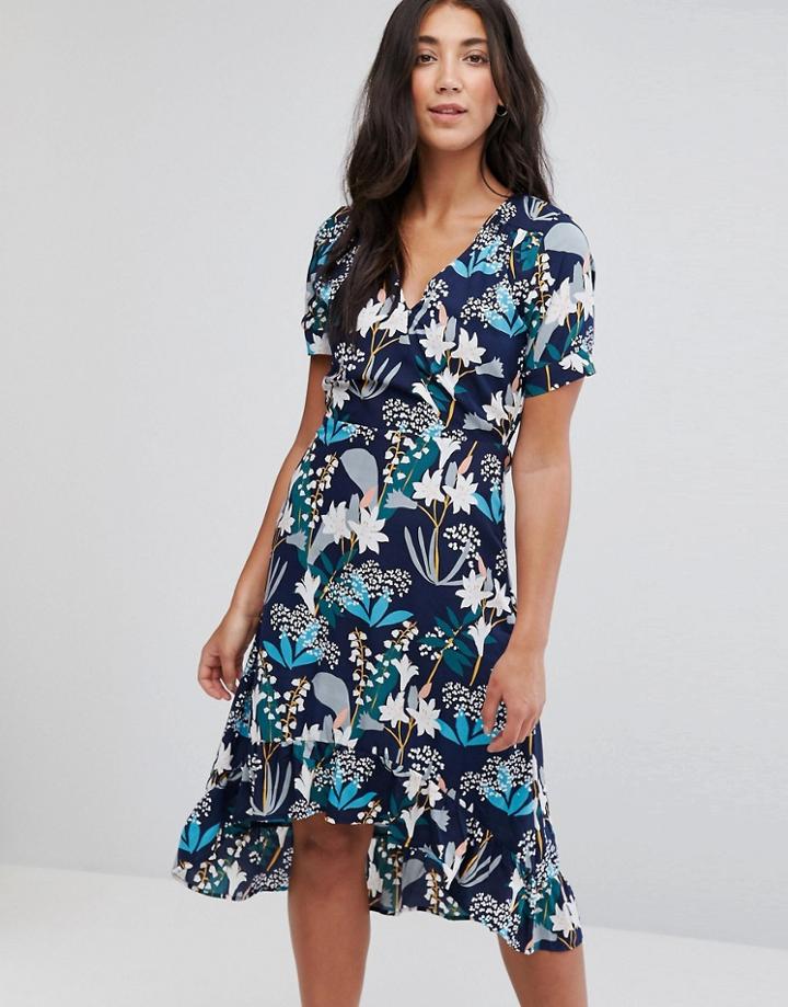 Yumi Dip Hem Midi Dress In Starburst Floral Print - Black