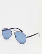 Asos Design Aviator Sunglasses In Gunmetal With Blue Lens-black